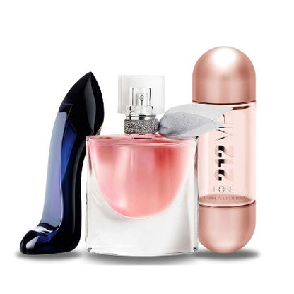 Elegante box con tre fragranze 100ml: Carolina Herrera GOOD GIRL, Lancôme LA VIE EST BELLE e Carolina Herrera 212 VIP ROSÉ