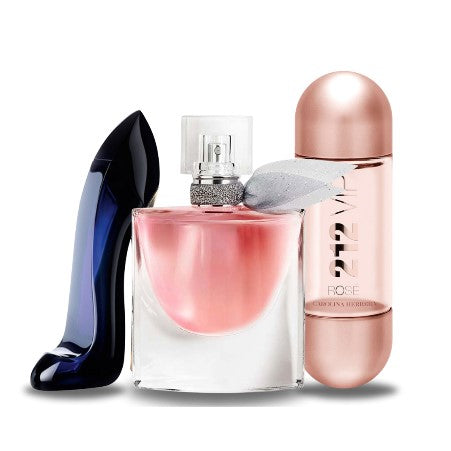 Elegante box con tre fragranze 100ml: Carolina Herrera GOOD GIRL, Lancôme LA VIE EST BELLE e Carolina Herrera 212 VIP ROSÉ